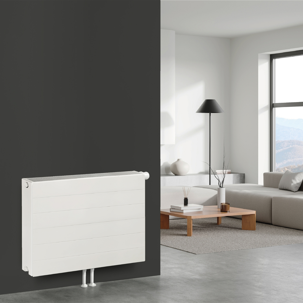 Typ 22 600x600 Planheizkörper Mittelanschluss VK-M mit Thermostatventil und C-Konsole (Gestreift)